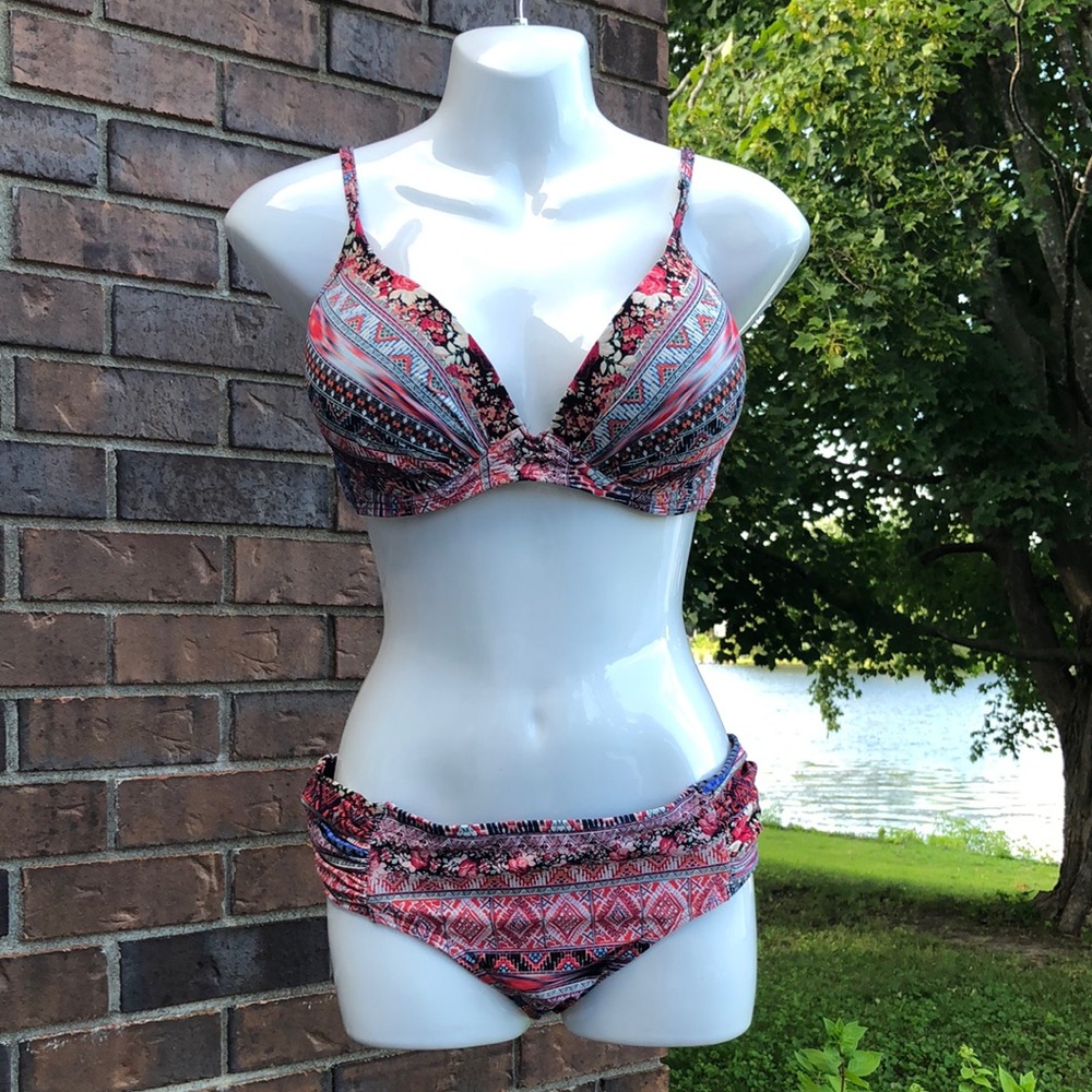 Azura Floral Geo Print Bikini Set in Coral Pink